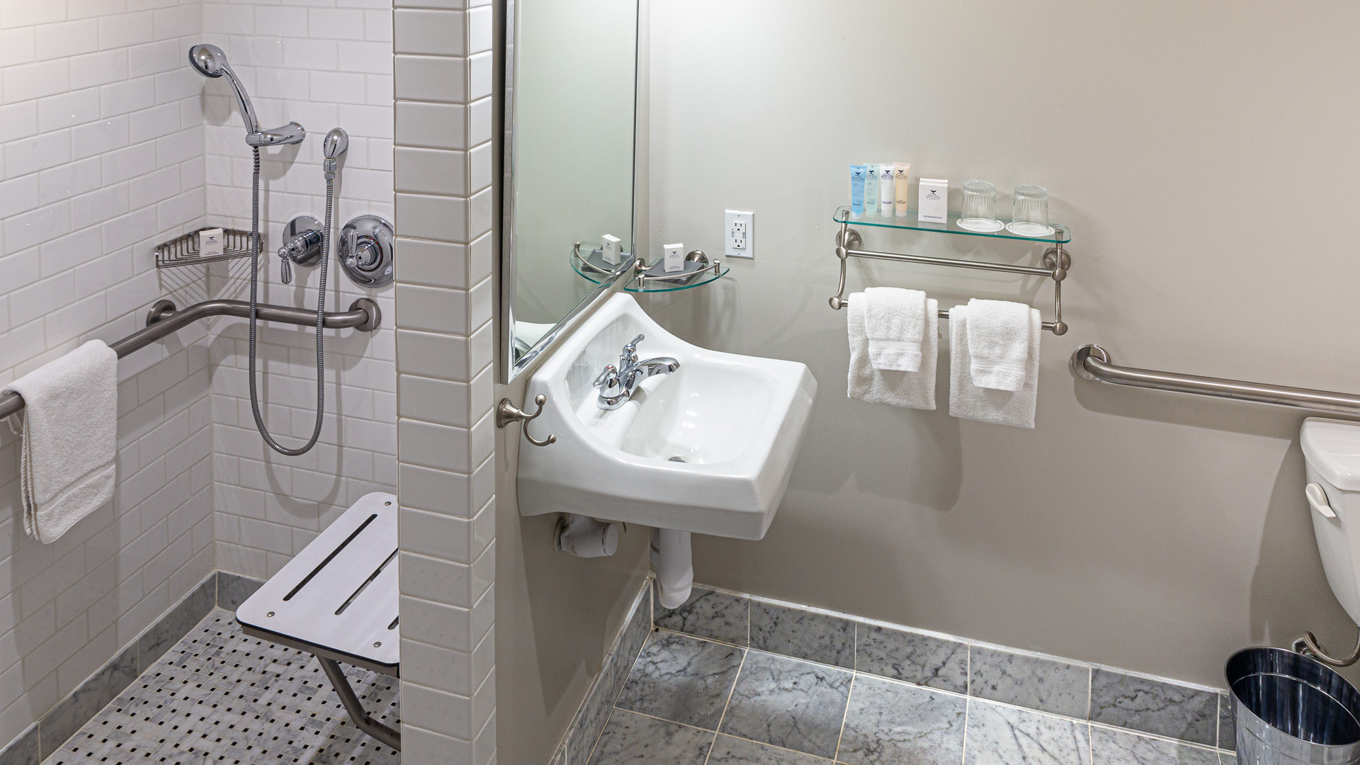 ADA Bathroom with roll in shower.