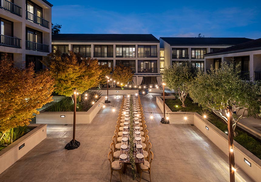 Cottonwood Plaza set up for large dining event. 