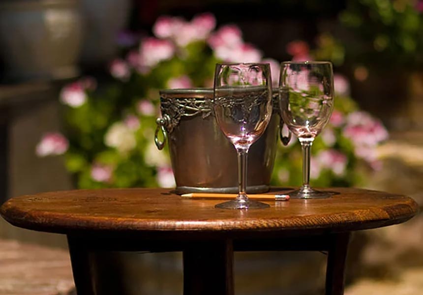 Wine glass set up for two.