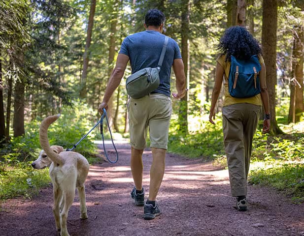 Couple walking their dog on a hike