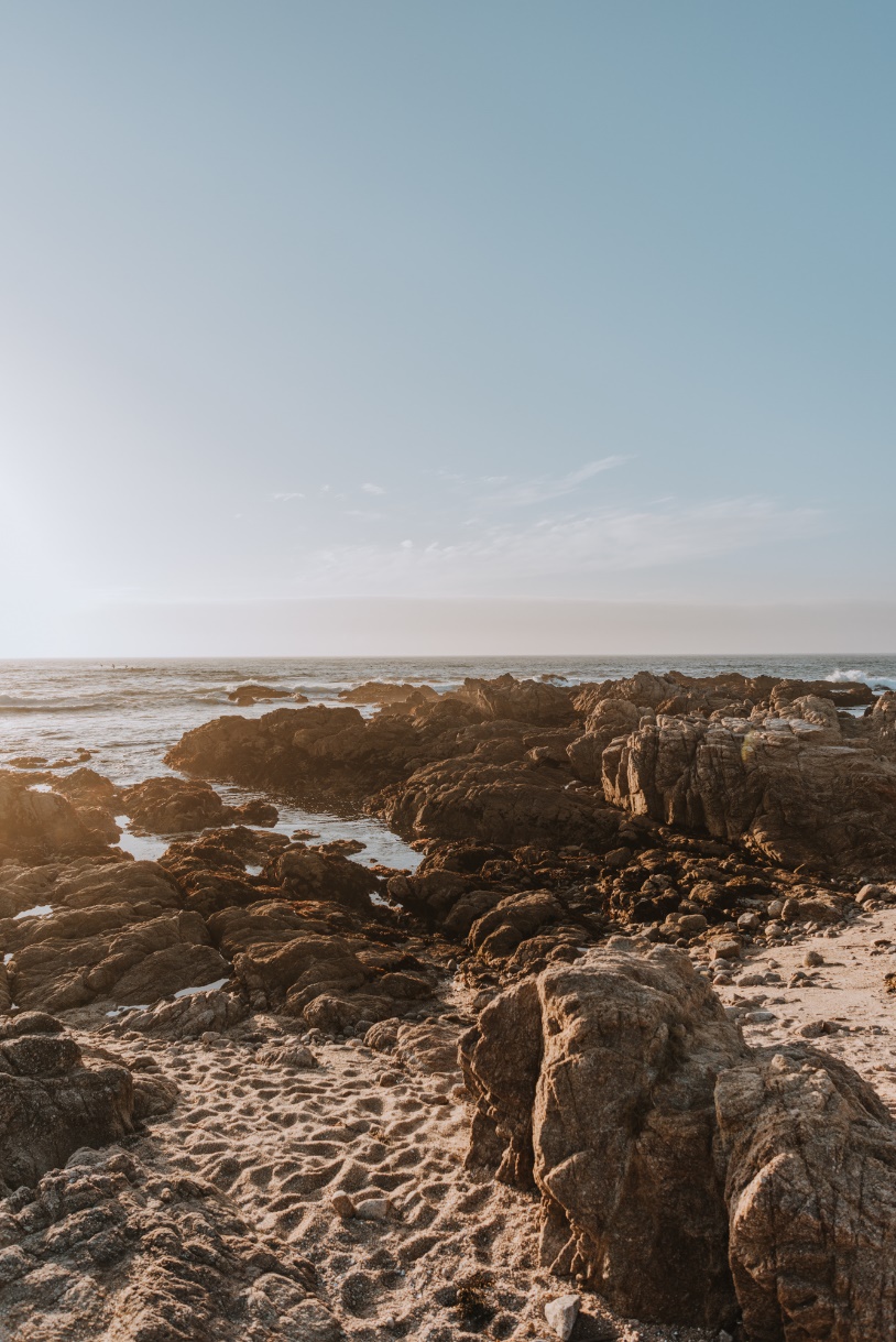rocky beach view at sunset