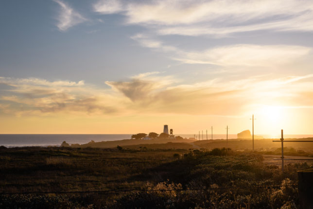 land and beach view at sunset