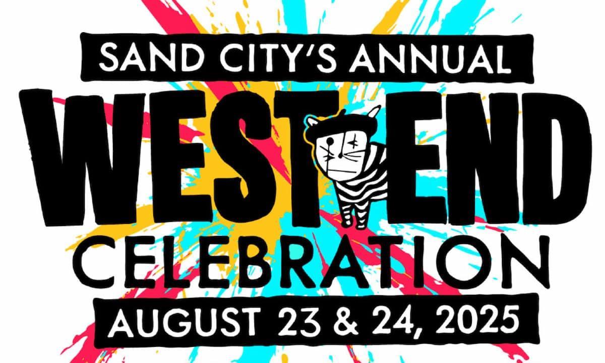 Sand City's Annual West End Celebration August 23 and 24th, 2025 text over a paint splatter