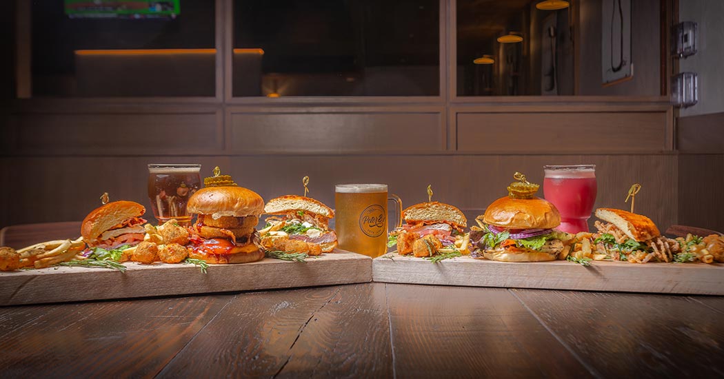 Display of different hambugers. 