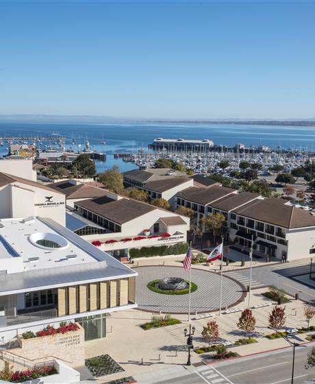 Drone shot of the Portola Hotel & Spa and the Monterey Conference Center