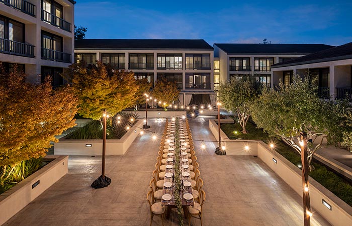 Cottonwood Plaza long table set up aerial view. 