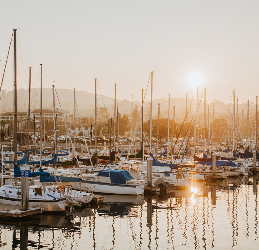 Harbor at sunset. 