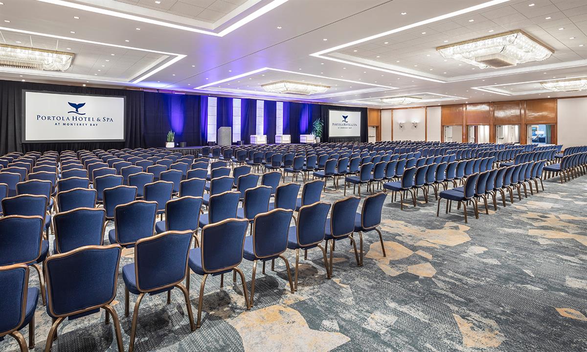 New ballroom with lots of blue chairs